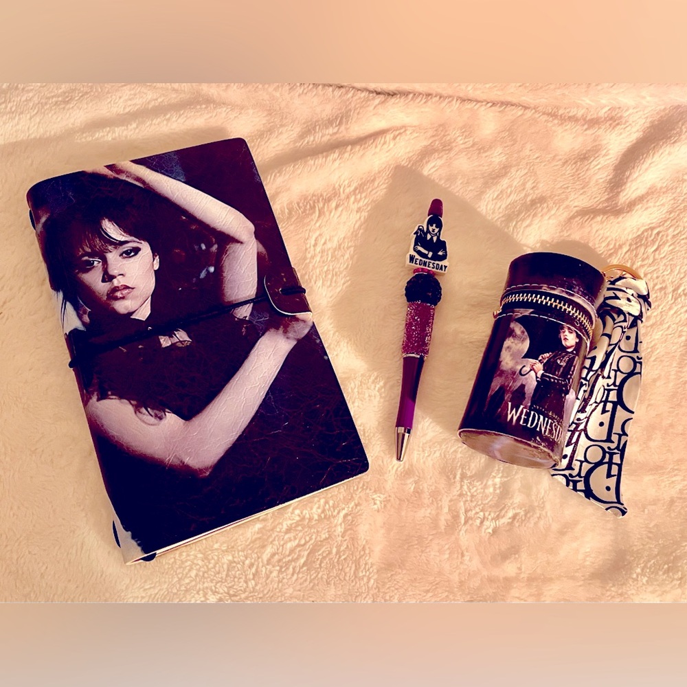 Wednesday Addams Notebook, Hand Crafted Pen and Clip Pouch
